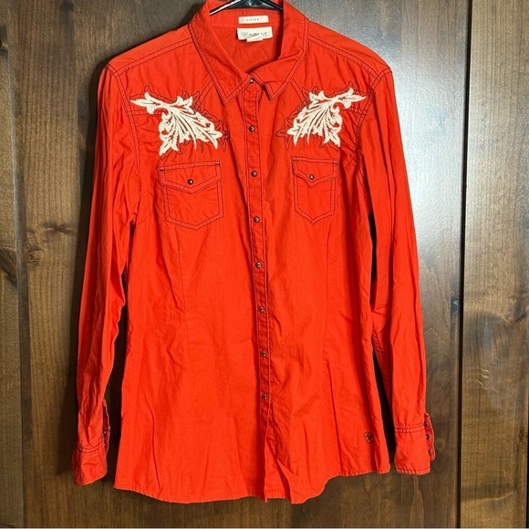 Ariat Orange Red embroidered Button Down Snap fitted Shirt Size XL boys cotton - Picture 1 of 10